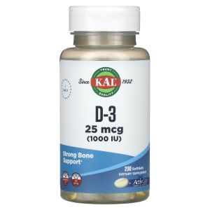 Витамин Д-3, D-3, KAL, 25 мкг (1000 МЕ), 200 гелевых капсул
