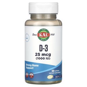 Витамин Д-3, D-3, KAL, 25 мкг (1000 МЕ), 100 гелевых капсул
