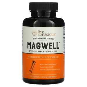 Магний с цинком и витамином D3, MagWell, 3-in-1, Live Conscious, 120 капсул
