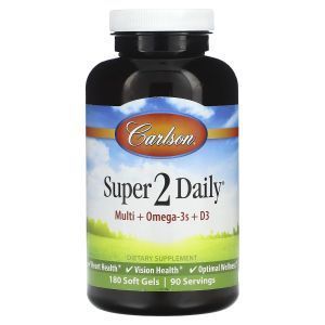 Мультивитамины + Омега-3 + витамин D3, Multi + Omega-3s + D3, Super 2 Daily, Carlson, 180 гелевых капсул

