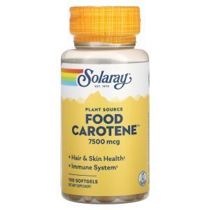 Бета-каротин, Food Carotene, Solaray, пищевой, 7500 мкг, 100 гелевых капсул