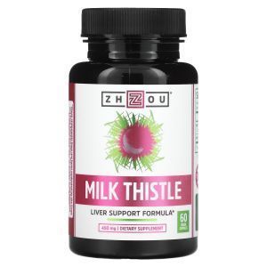 Расторопша, поддержка печени, Milk Thistle, Zhou Nutrition, 450 мг, 60 вегетарианских капсул 