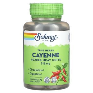 Кайенский перец, Cayenne, True Herbs, Solaray, 515 мг, 180 вегетарианских капсул

