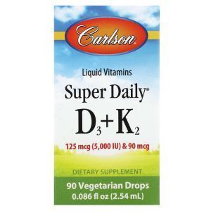 Витамины Д3 и K2, Super Daily D3 + K2, Carlson, 125 мкг (5000 МЕ) и 90 мкг, 90 растительных капель, 2,54 мл