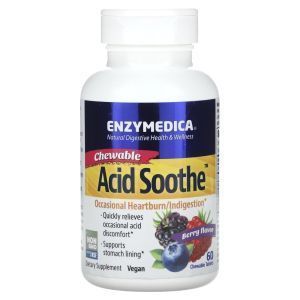 Снижение кислотности желудка, Acid Soothe, Enzymedica, вкус ягод, 60 жевательных таблеток