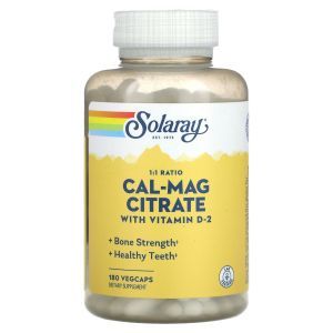 Кальций и магний цитрат с витамином D-2, Cal-Mag Citrate, Solaray, соотношение 1:1, 180 вегетарианских капсул
