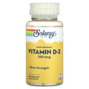 Витамин Д-3, Vitamin D-3, Solaray, высокоэффективный, 250 мкг, 60 растительных капсул
