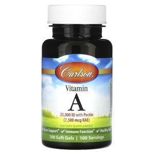 Витамин А, Vitamin A, Carlson, 7500 мкг RAE (25000 МЕ), 100 гелевых капсул
