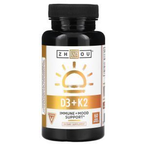 Витамин Д3 и К2, Vitamin K2 + D3, Zhou Nutrition, 60 вегетарианских капсул