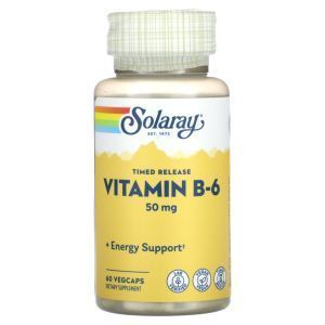 Витамин В6, Vitamin B-6, Solaray, 50 мг, 60 вегетарианских капсул замедленного высвобождения