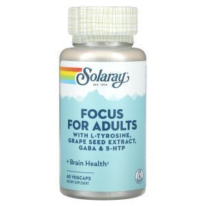 Поддержка когнитивной функции для взрослых, Focus For Adults, Solaray, с L-тирозином, экстрактом виноградных косточек, ГАМК и 5-HTP, 60 вегетарианских капсул
