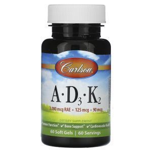 Витамины A, Д3 и K2, Vitamins A - D3 - K2, Carlson, 60 гелевых капсул
