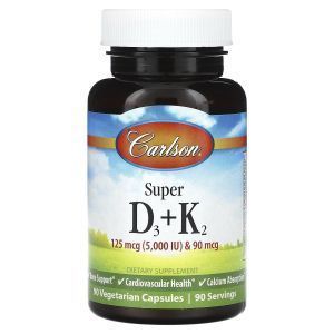 Витамины Д3 и K2, Super D3 + K2, Carlson, 90 вегетарианских капсул
