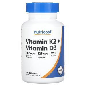 Витамин К2 и Д3, Vitamin K2 + Vitamin D3, Nutricost, 120 гелевых капсул