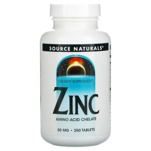 Цинк хелат, Zinc, Source Naturals, 50 мг, 250 таблеток