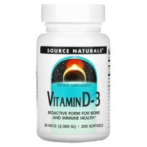 Витамин D-3, Vitamin D-3, Source Naturals, 50 мкг (2000 МЕ), 200 гелевые капсулы