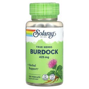 Лопух, Burdock, True Herbs, Solaray, 425 мг, 100 вегетарианских капсул
