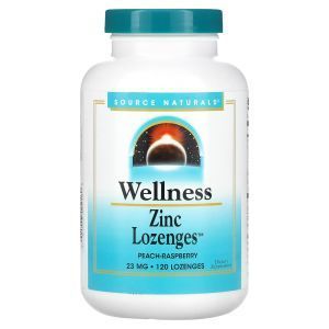Цинк леденцы, Zinc Lozenges, Source Naturals, Wellness, персик-малина, 23 мг, 120 леденцов
