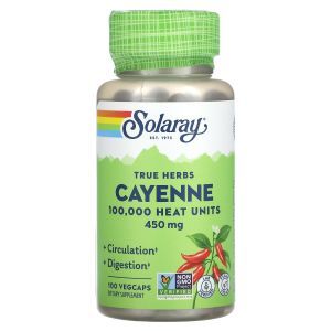 Кайенский перец, Cayenne, True Herbs, Solaray, 450 мг, 100 вегетарианских капсул 
