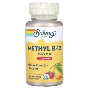 Витамин В-12, метилкобаламин, Methyl B-12, Solaray, малина-лимон, 5000 мкг, 60 леденцов