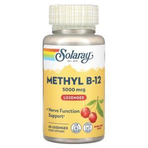 Витамин В-12, метилкобаламин, Methyl B-12, Solaray, вкус вишни, 5000 мкг, 60 леденцов