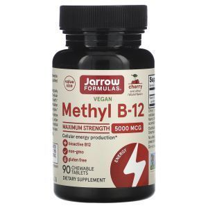 Витамин B-12 метилкобаламин, Methyl B-12, Jarrow Formulas, вкус вишни, 5000 мкг, 90 жевательных таблеток