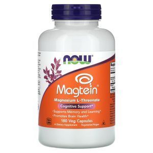 Магний L-треонат, Magtein, NOW Foods, когнитивная поддержка, 180 вегетарианских капсул
