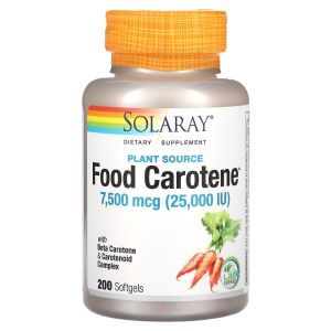 Бета-каротин, Food Carotene, Solaray, растительный, 7500 мкг (25 000 МЕ), 200 гелевых капсул
