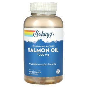Масло лосося, Salmon Oil, Solaray, молекулярно дистиллированное, 1000 мг, 180 гелевых капсул
