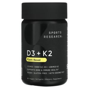 Витамин Д3 и К2, Vitamin D3 + K2, Sports Research, 60 вегетарианских капсул
