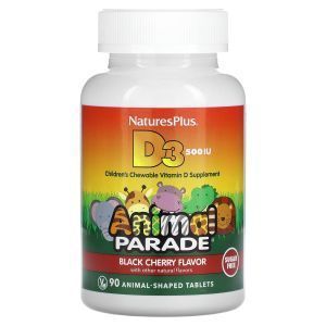 Витамин Д-3, Vitamin D 3, Nature's Plus, Animal Parade, вкус черной вишни, без сахара, 500 МЕ, 90 жевательных конфет