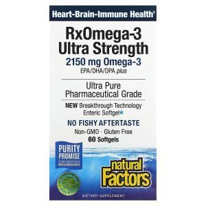 Рыбий жир, Омега 3, RxOmega-3 Ultra Strength, Natural Factors, 2150 мг, 60 гелевых капсул (1075 мг на гелевую капсулу)
