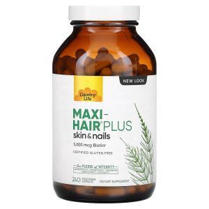Витамины для волос, Maxi-Hair Plus, Country Life, 5000 мкг биотина, 240 вегетарианских капсул (1250 мкг на капсулу)