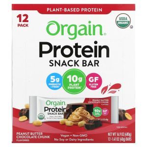 Батончики с растительным протеином, Organic Plant-Based Protein Bar, Orgain, органик, с кусочками шоколада и арахисовым маслом, 12 батончиков по 40 г каждый
