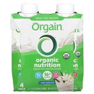 Протеиновый коктейль, Organic Nutrition, Grass-Fed Protein Shake, Orgain, органик, вкус сладкой ванили, 4 упаковки по 330 мл каждая
