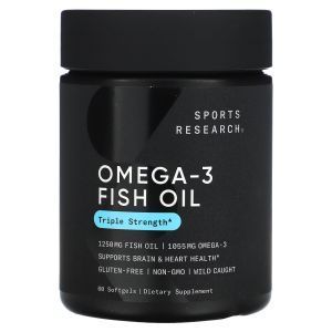Омега-3, рыбий жир, Omega-3 Fish Oil, Sports Research, тройная сила, 1250 мг, 60 гелевых капсул