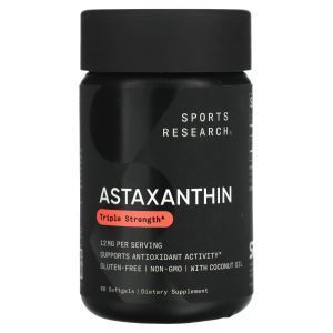 Астаксантин, Astaxanthin, Sports Research, тройная сила, 12 мг, 60 гелевых капсул