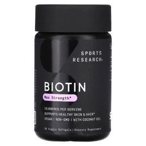 Биотин с кокосовым маслом, Biotin, Sports Research, 10,000 мкг, 30 вегетарианских капсул
