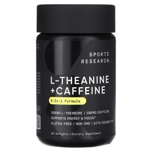 L-теанин и кофеин с маслом MCT,  L-Theanine & Caffeine, Sports Research, 60 гелевых капсул