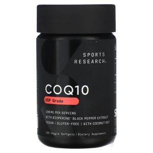 Коэнзим Q10 с биоперином и кокосовым маслом,  CoQ10, Sports Research, 100 мг, 120 вегетарианских капсул
