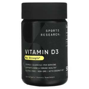 Витамин Д3 с кокосовым маслом, Vitamin D3, Sports Research, 125 мкг (5000 МЕ), 30 гелевых капсул

