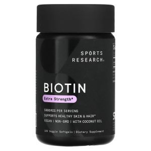 Биотин с кокосовым маслом, Biotin, Sports Research, 5000 мкг, 120 вегетарианских капсул