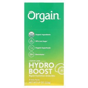 Бустер для повышения гидратации, Hydro Boost Rapid Hydration Drink Mix, Orgain, вкус лимон-лайм, 8 пакетиков по 14 г каждый
