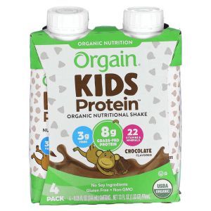 Протеиновый коктейль для детей, Kids Protein, Organic Nutritional Shake, Orgain, органик, вкус шоколада, 4 упаковки, по 244 мл каждая

