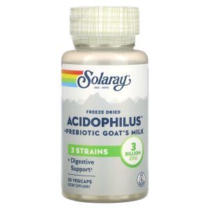 Лиофилизированный ацидофилин + пребиотик из козьего молока, Freeze Dried Acidophilus + Prebiotic Goat's Milk, Solaray, 3 млрд, 50 вегетарианских капсул  
