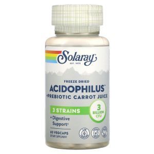Лиофилизированный ацидофилин + пребиотик из морковного сока,  Freeze Dried Acidophilus + Prebiotic Carrot Juice, Solaray, 3 млрд КОЕ, 60 вегетарианских капсул  

