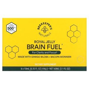 Маточное молочко, Royal Jelly Brain Fuel, Beekeeper's Naturals, топливо для мозга, 6 флаконов по 10 мл каждый