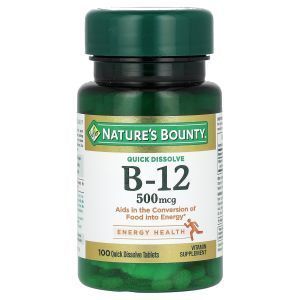 Витамин В12, Vitamin B-12, Nature's Bounty, вишня, 500 мкг, 100 таблеток быстрого растворения