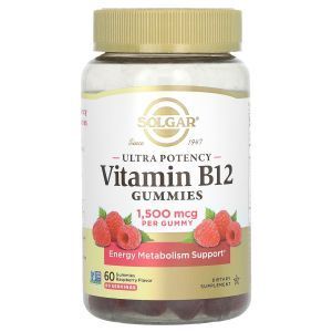 Витамин B12, Vitamin B12 Gummies, Solgar, ультра эффективный, малина, 1500 мкг, 60 жевательных конфет
