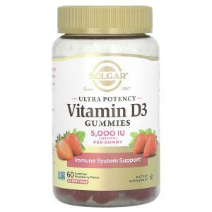Витамин D3, Vitamin D3 Gummies, Solgar, ультра эффективный, вкус клубники, 125 мкг (5000 МЕ), 60 жевательных конфет

